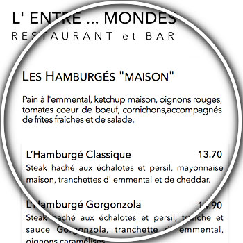 La carte du restaurant l'entre mondes à lille