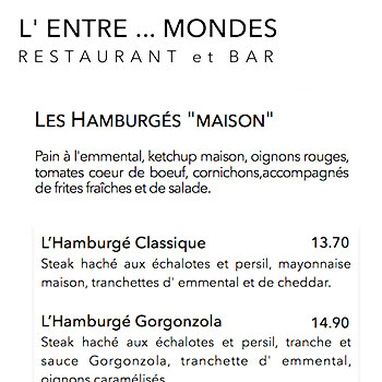 La carte du restaurant l'entre mondes à lille